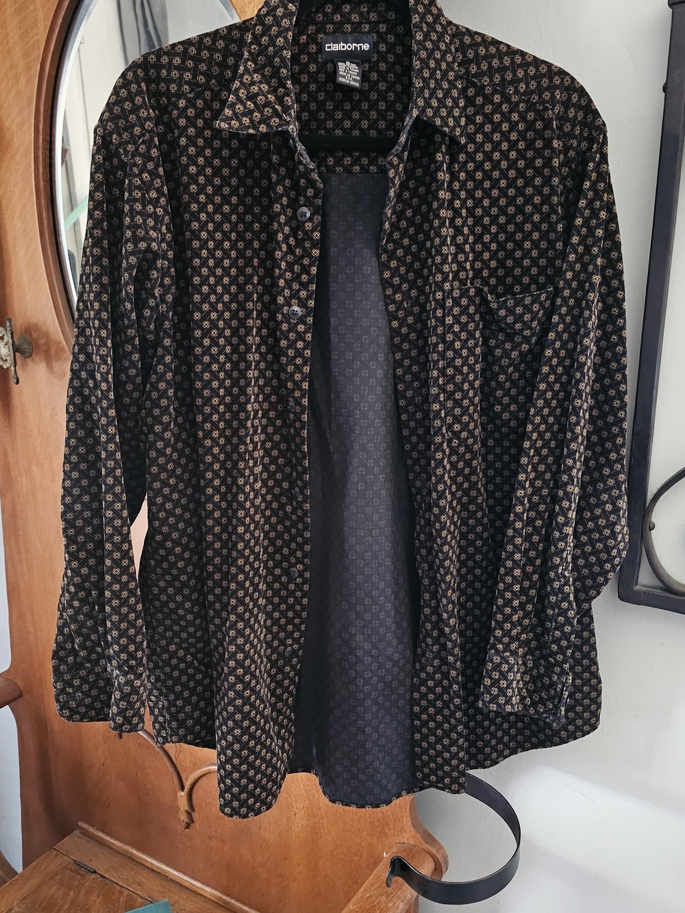 Vintage Claiborne Men's Button Front Shirt Medium Black Brown Geometric Print